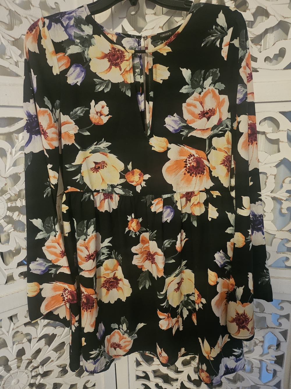 Forever 21 Black Floral Top with Orange, Yellow & Purple Accents